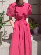 韩国chic夏季减龄气质复古泡泡袖收腰显瘦后背扣子装饰露腰连衣裙