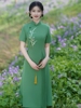 奥黛旗袍连衣裙2024年夏绿色(夏绿色)春秋年轻款，气质素雅日常可穿改良