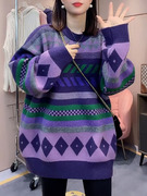 韩版慵懒风圆领复古菱格撞色宽松套头针织衫设计感中长款毛衣上衣