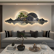 新中式沙发背景墙挂画2024客厅装饰画带灯轻奢流水生财山水画