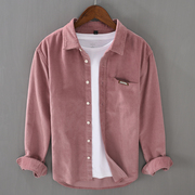 高端灯芯绒衬衫男士秋季纯棉潮流C休闲长袖衬衫粉红色条绒上衣外