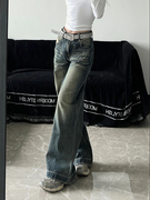 大码美式vibe复古牛仔裤女设计感口袋，磨破高腰直筒宽松休闲长裤潮
