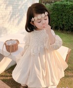 女童连衣裙2023春秋装韩版蕾丝女宝公主裙长袖纯色儿童裙子