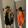 韩国2024夏季oversize盖臀大码宽松荧光橙粉色，黑短袖t恤