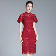 深圳端中年时尚，婆婆妈妈装酒会，礼服大码红色连衣裙长袖