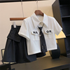 品牌童装2024夏女中大童设计感领带短袖衬衫，上衣半身裙jk两件套装