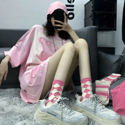 粉色条纹袜子女中筒ins潮百搭韩国甜美学生运动菱形 纯色拼接长袜