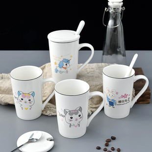 创意个性杯子陶瓷马克杯带盖勺可爱卡通喝水杯，男女牛奶咖啡杯茶杯