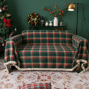 美式复古红绿格子沙发巾北欧圣诞节全盖流苏沙发套四季通用沙发布
