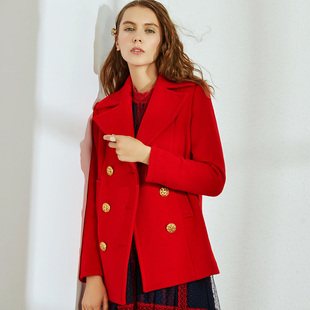 羊毛呢外套女西装领双排，扣修身显瘦红色呢子，短款大衣时尚高端百搭