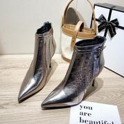 欧洲站银色高跟鞋女士秋冬尖头，设计感小众气质名媛性感短靴马丁靴