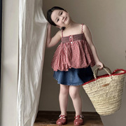 2024夏季韩版童装女童格子吊带娃娃衫裙摆式上衣+牛仔百褶裙