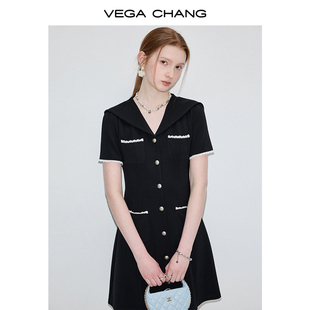 vegachang海军领连衣裙女2024年夏季显瘦气质小香风黑裙子