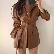 韩国chic秋冬复古帅气深棕色pu皮夹克系带中长版机车皮衣外套女