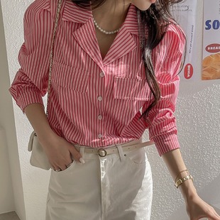 温婉淑女韩国Chic红色条纹衬衫西装领泡泡袖长袖气质衬衣韩版通勤