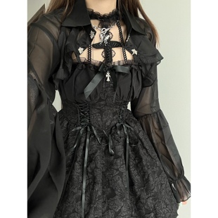 万圣节轻哥特Lolita暗黑提花收腰连衣裙+灯笼袖网纱罩衫三件套