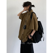 jiwuus夏日系复古个性，大口袋短袖衬衫男女生廓形咖啡色衬衣外套
