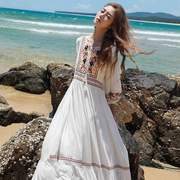 夏季民族风白色绣花连衣裙，拍照大摆裙女裙，海边度假沙滩裙中腰