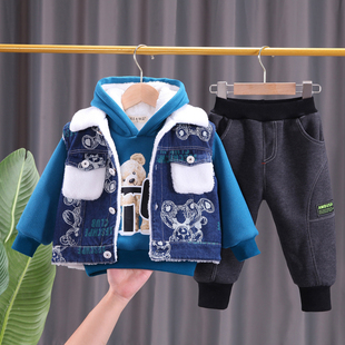 宝宝冬装套装1一3岁儿童秋冬季男童加绒加厚马甲卫衣裤子三件套潮