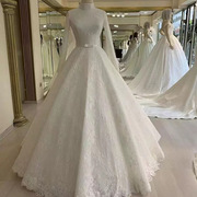 婚纱新娘中东跨境2023长袖白色齐地蓬蓬纱蕾丝穆斯林婚纱