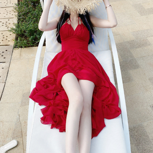 性感露背超仙雪纺沙滩裙泰国海边度假拍照吊带裙红色三亚连衣裙夏