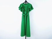 绿色仙踪全棉材质原身手工，腰带某d.vf夏新圆领，荷叶边yiyi连衣裙