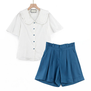z7夏季气质白色娃娃领木耳边短袖，衬衫蓝色a字，裙裤口袋短裤套装