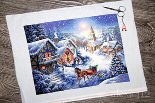 dmc法国十字绣套件雪夜村庄圣诞，马车雪景欧风客厅精准印花1252