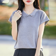 娃娃领休闲冰丝针织短袖t恤女夏季2025新款打底小衫大码薄款上衣