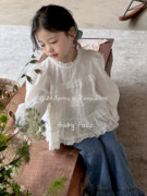 韩版儿童上衣24春装女童洋气精致提花纯棉蕾丝立领宽松衬衫