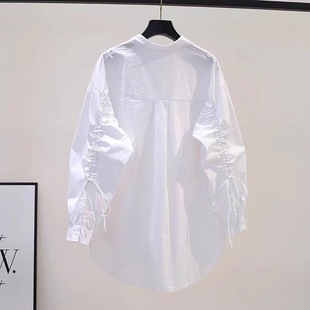 抽绳系带长袖白色衬衫女2023春秋设计感宽松百搭中长款衬衣