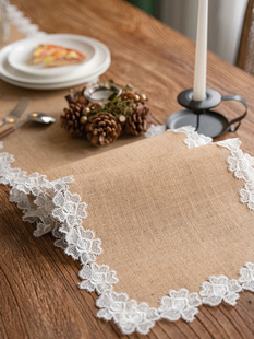 黄麻桌旗蕾丝花边美式法式餐桌，装饰餐垫玄关盖巾餐具垫长条桌布