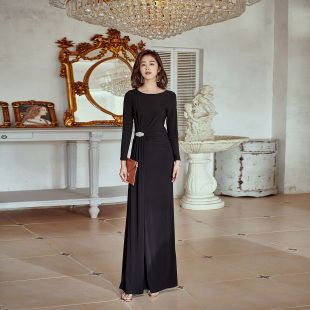 复古御姐气质名媛，黑色连衣裙法式赫本设计感长款礼服裙子636