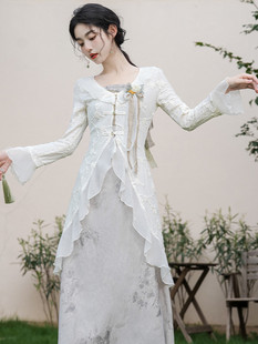新中式印花吊带裙仙女飘带上衣鱼尾拼接蕾丝两件套淑女修身气质裙