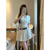 法式白色泡泡袖衬衫连衣裙女夏高级设计感气质v领收腰百褶短裙子