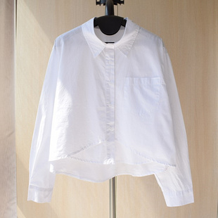 韩版设计感假两件短款纯棉，长袖白衬衫时尚，气质款圆弧摆紫色衬衣女