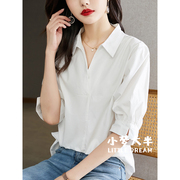 白衬衫女中袖2022春夏季装韩版v领套头别致上衣气质纯棉衬衣