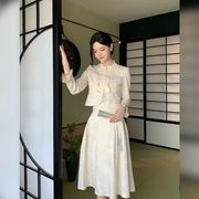新中式复古国风上衣荷叶边半身裙两件套女秋季高级感气质套装