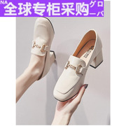 日本方头单鞋女2022粗跟皮鞋春秋方跟高跟鞋