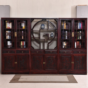 书橱书柜组合书架置物架，新中式实木客厅卧室，三组合书柜带门防尘