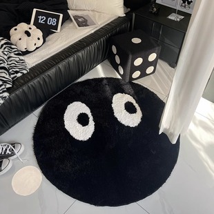 黑色可爱圆煤球客厅创意圆形，地毯卧室床边防滑防尘黑色眼睛地毯子