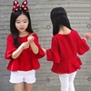 女童韩版纯棉短袖t恤红色中袖娃娃衫宽松女孩时尚洋气宽松上衣夏
