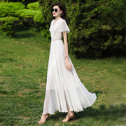 白色连衣裙仙气超仙森系2023夏季收腰大摆超长裙到脚踝1697