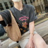 现!韩国东大门女装夏季深灰色拼粉字母图案短袖t恤衫