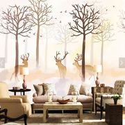北欧美式鹿林电视背景墙纸无缝专用客厅沙发手绘树林麋鹿壁画墙布