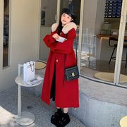 红色复古连帽斗篷呢子大衣女冬季2022韩系温柔中长款毛呢外套