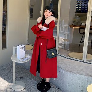 红色复古连帽斗篷呢子，大衣女冬季2022韩系温柔中长款毛呢外套