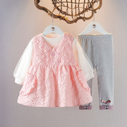 女宝宝秋季长袖公主裙套装1-2-3岁女童秋装连衣裙三件套婴儿衣服