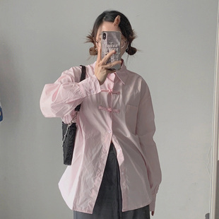 自制藕粉色中式盘扣长袖衬衫女甜美日系学生国潮风设计感小众上衣