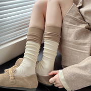 秋冬米白色小腿袜条纹咖色中筒袜拼接灰色，不过膝袜韩版棉堆堆袜子